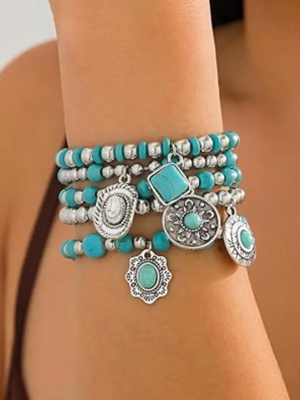 5 Turquoise Western Bracelets‎ Vintage Stackable Beaded Country Concert